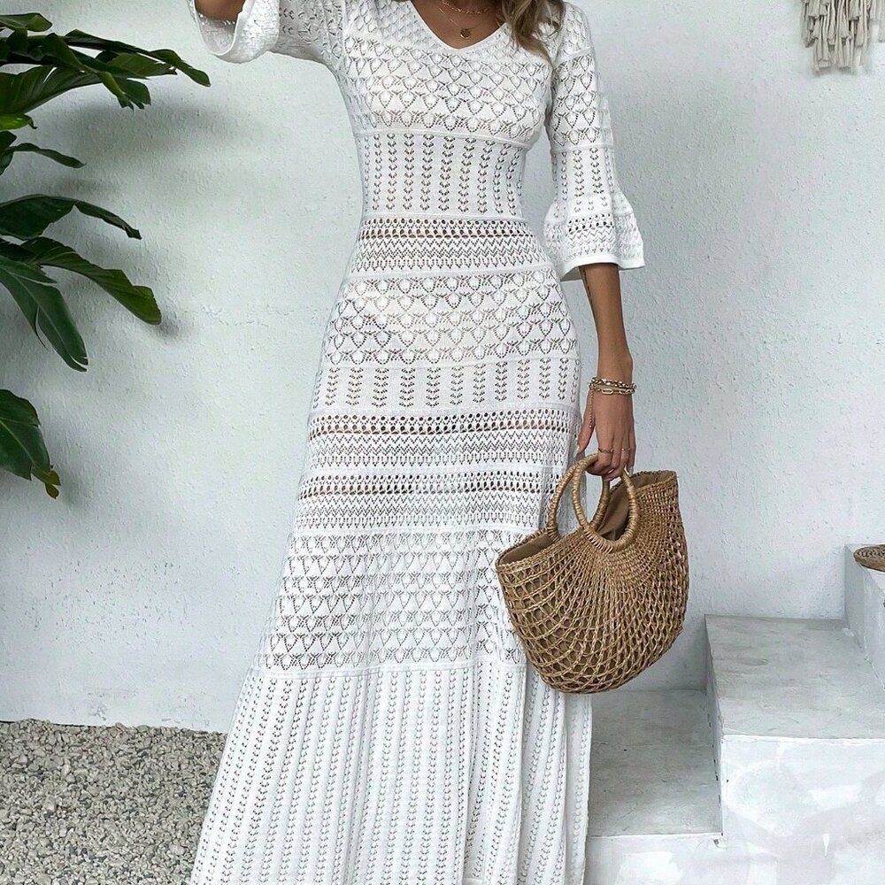 White Elegant Women's Casual V Neck Long Sleeve Knit Dress Beach Vacation - Picture 4 of 8